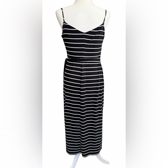 Lauren Ralph Lauren Black White Stripe Faux Wrap Midi Dress Sz 6 Spaghetti Strap - Picture 3 of 10